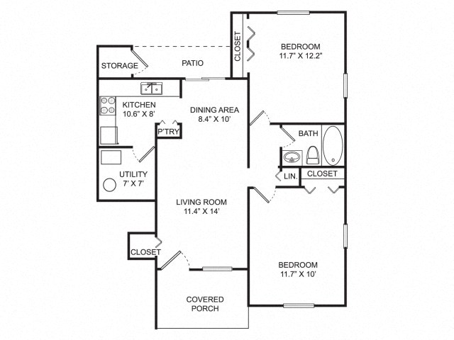 Floor plan for 2 beds, 1 bath, 1004 sqft
